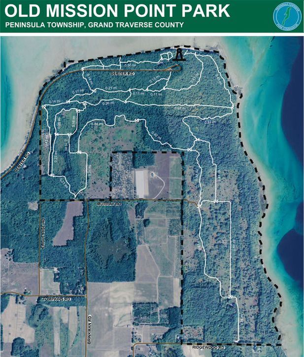 PictureAerial view of Old Mission Peninsula with lines drawn on park pathways