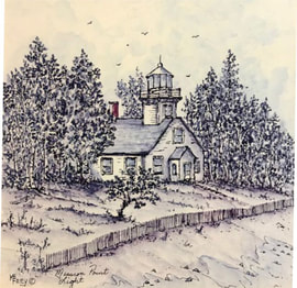 Pen and ink drawing of lighthouse from shore with trees surrounding